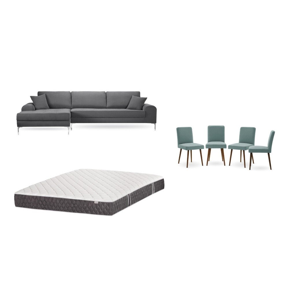 Set šedé pohovky s lenoškou vlevo, 4 šedozelených židlí a matrace 160 x 200 cm Home Essentials v:1130026