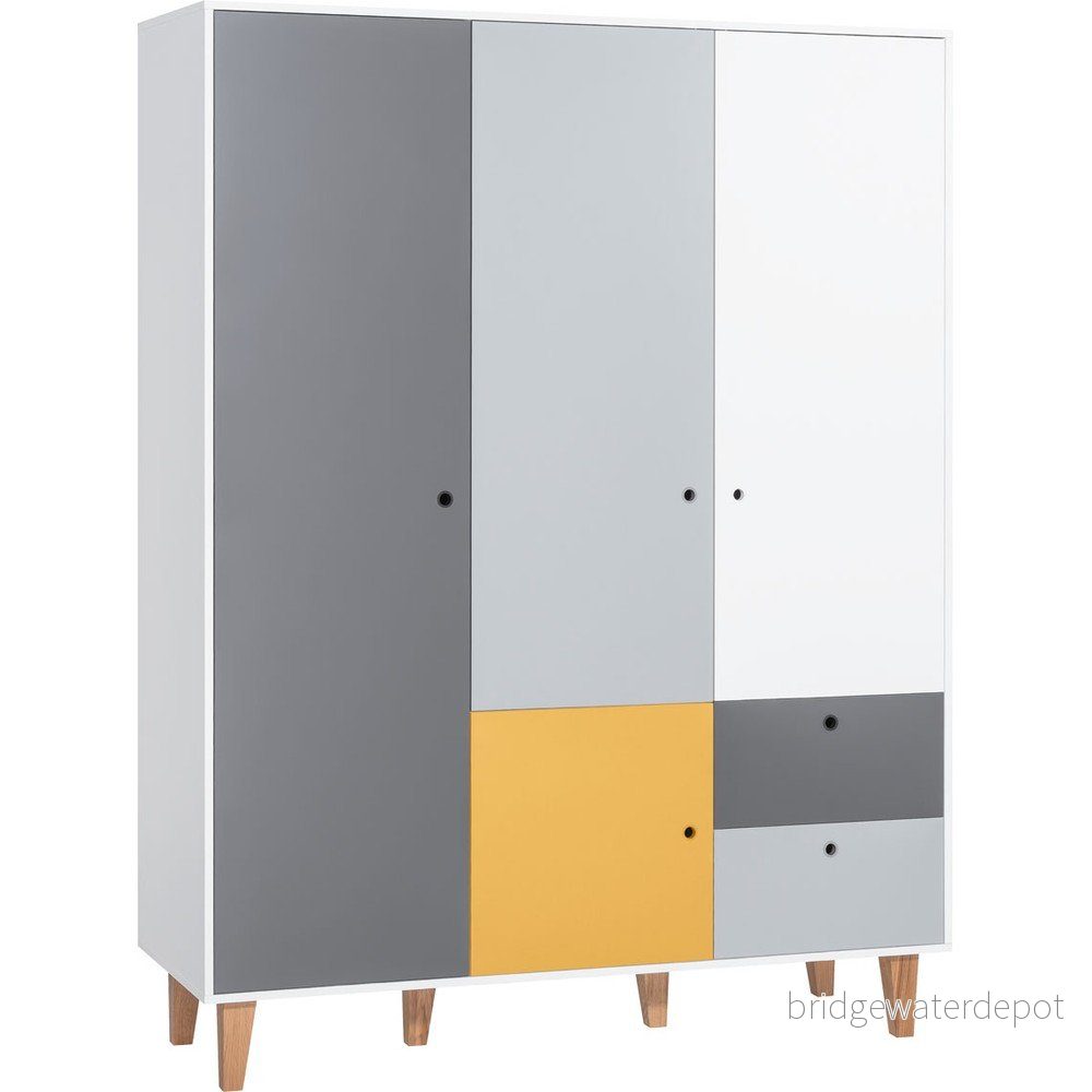 Bílo-šedá třídveřová šatní skříň se žlutým detailem Vox Concept v:836294