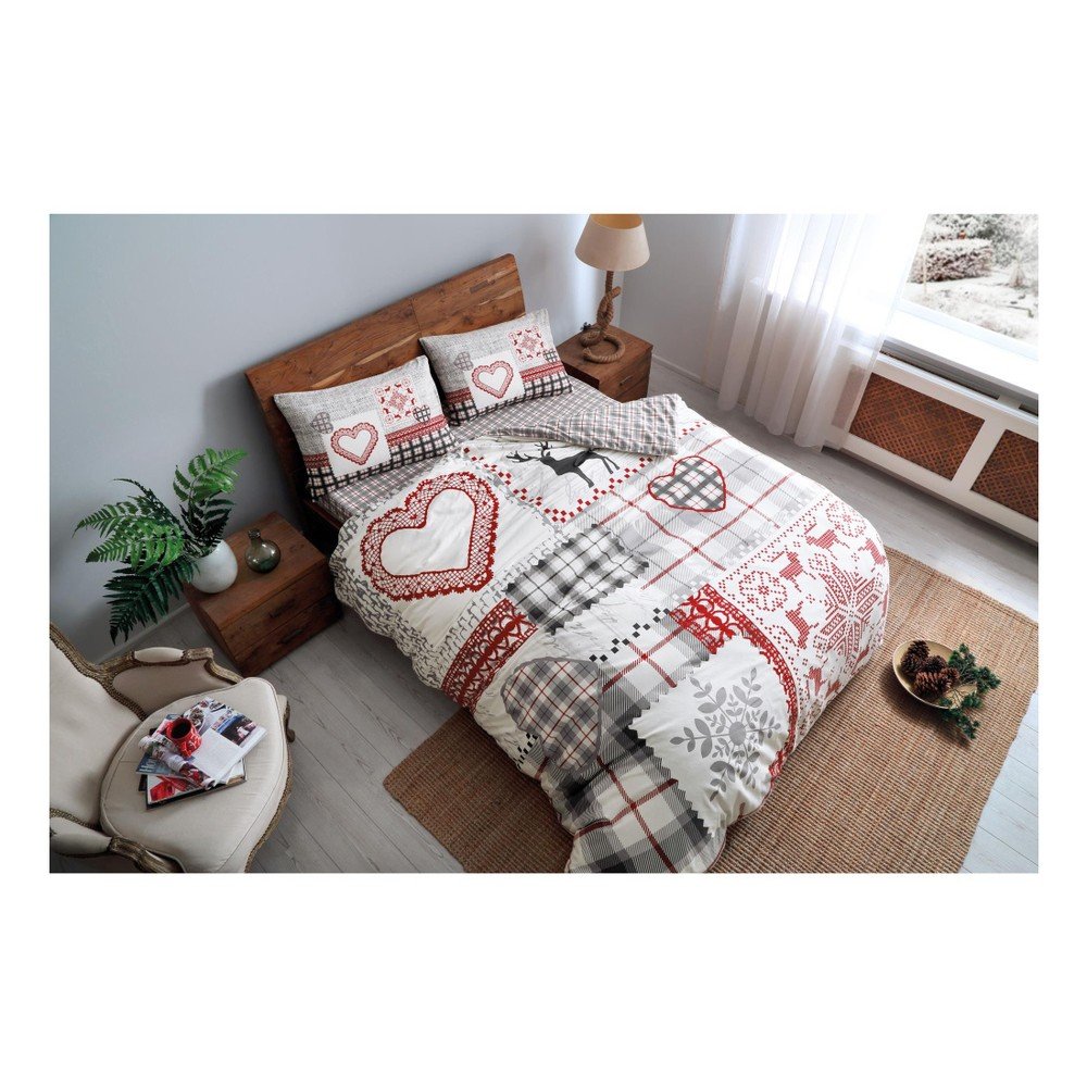 Povlečení s prostěradlem z bavlněného flanelu na jednolůžko Savina Red, 160 x 220 cm v:1207384