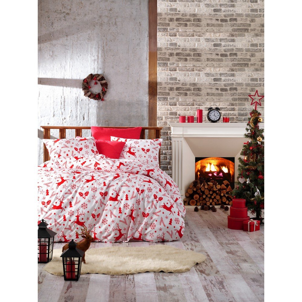 Povlečení s prostěradlem na jednolůžko z ranforce bavlny Nazenin Home Deer Red, 140 x 200 cm v:1318140