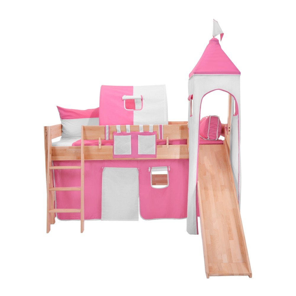 Dětská patrová postel se skluzavkou a růžovo-bílým hradním bavlněným setem Mobi furniture Luk, 200 x 90 cm v:1071698