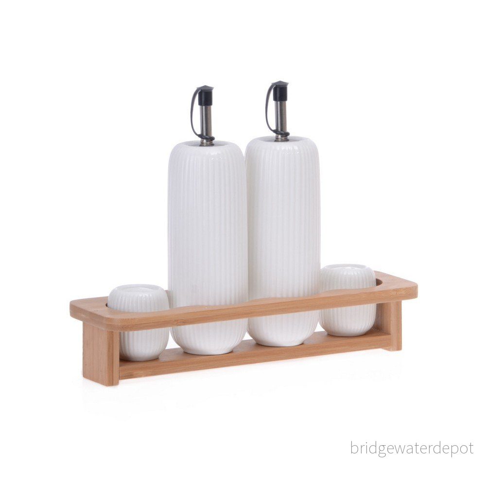 Set porcelánové pepřenky, slánky a 2 lahví na olej na bambusovém podnosu Zinas v:1268452