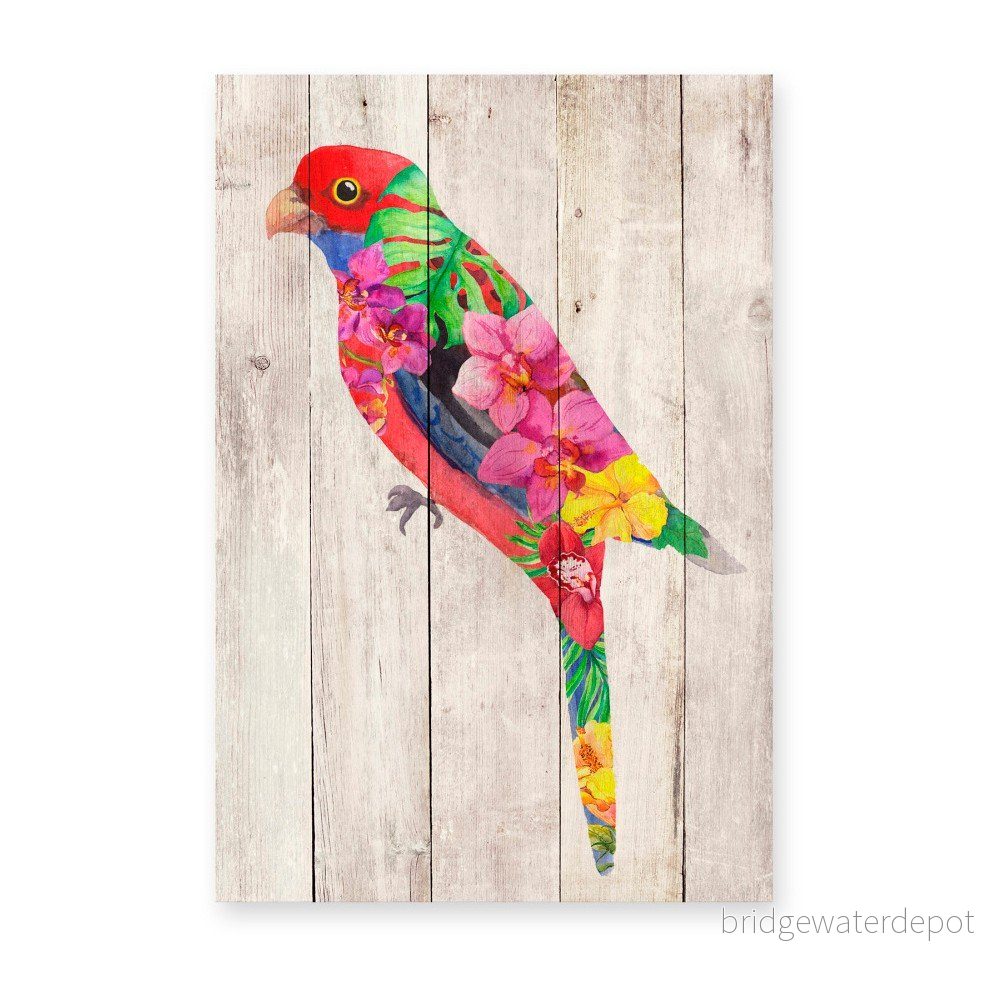 Nástěnná dekorace z borovicového dřeva Madre Selva Flowers Parrot, 60 x 40 cm v:1074772