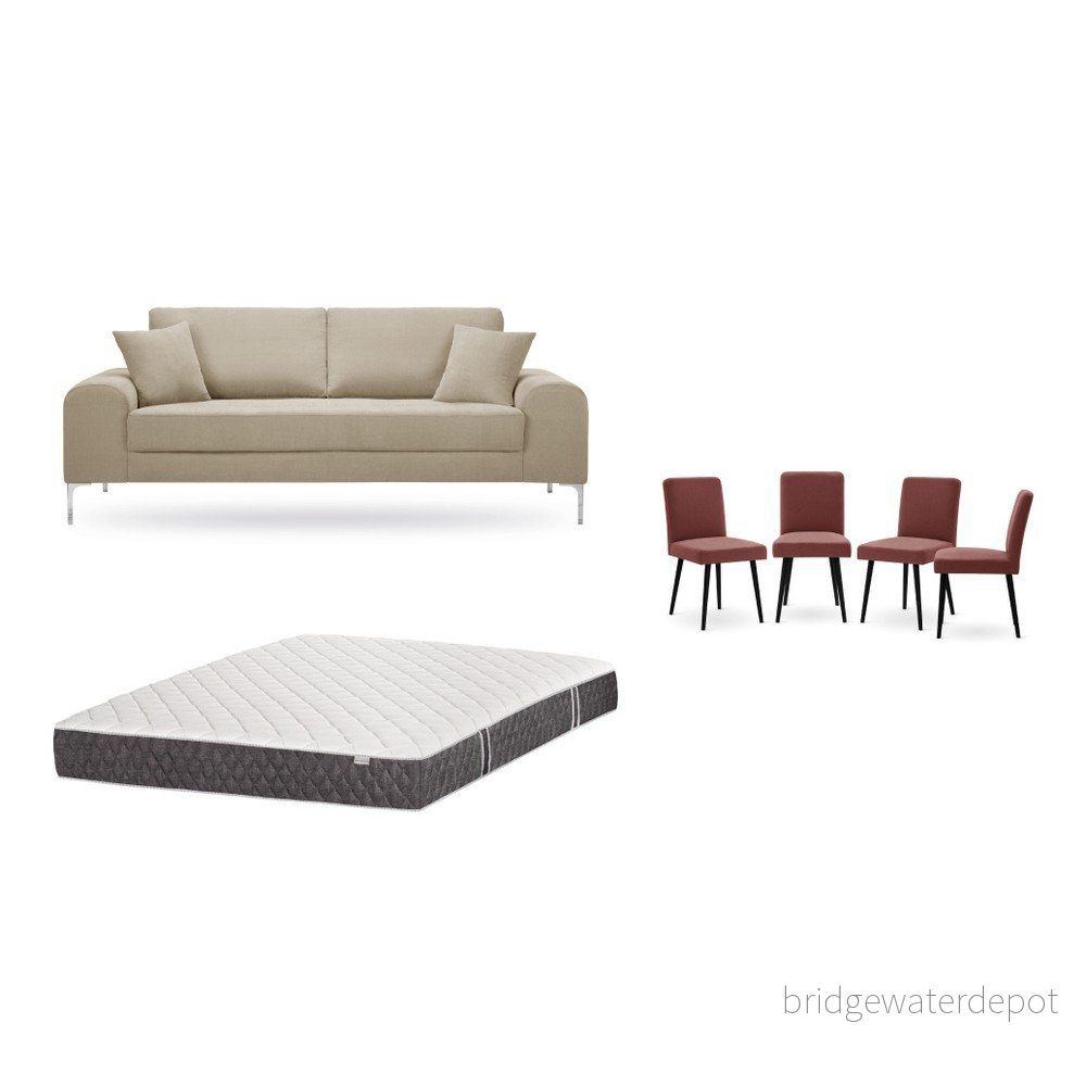 Set třímístné šedobéžové pohovky, 4 cihlově červených židlí a matrace 160 x 200 cm Home Essentials v:1129916