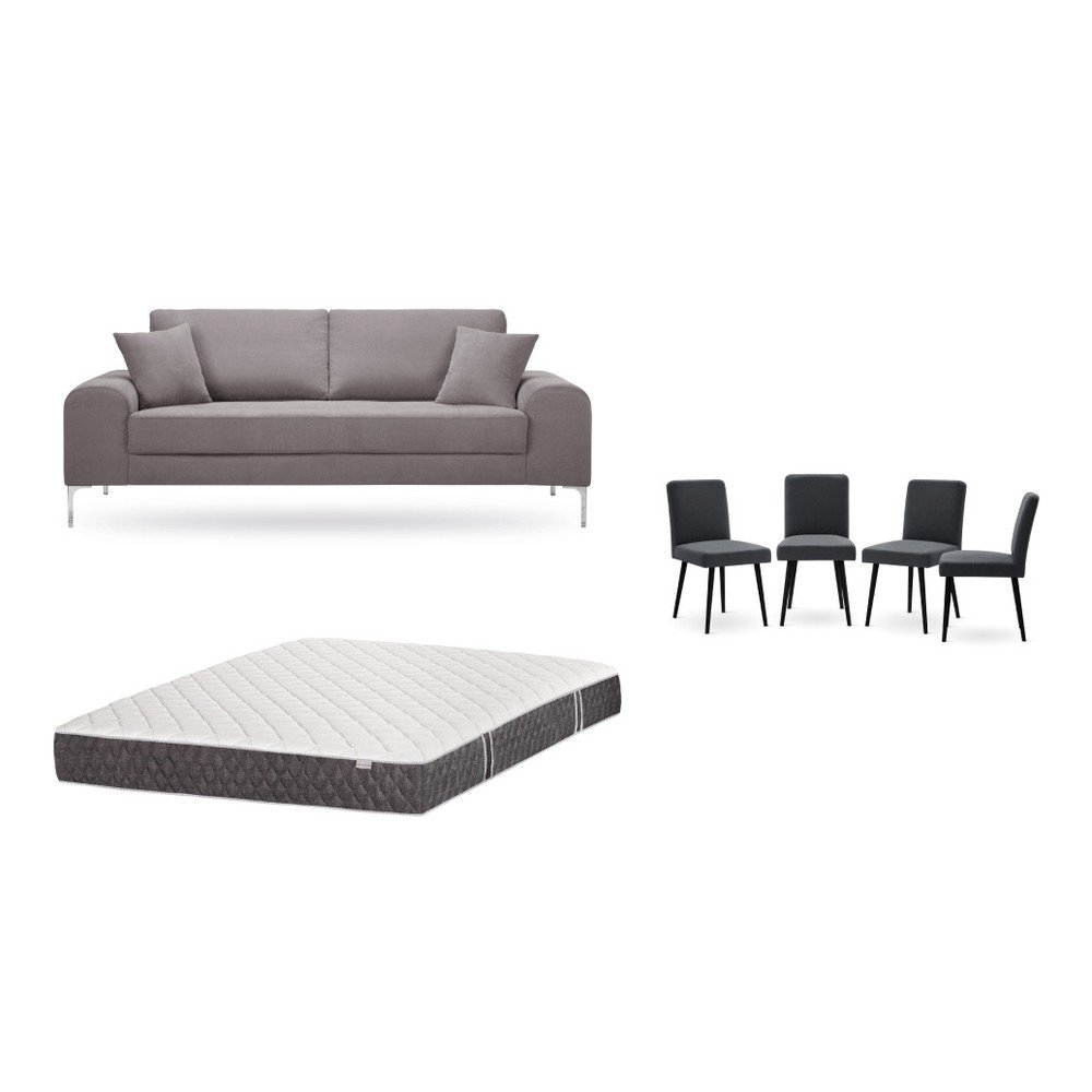 Set třímístné hnědé pohovky, 4 antracitově šedých židlí a matrace 160 x 200 cm Home Essentials v:1129930