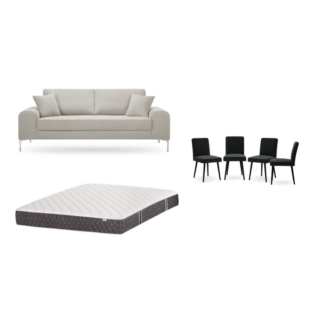 Set třímístné krémové pohovky, 4 černých židlí a matrace 160 x 200 cm Home Essentials v:1129902