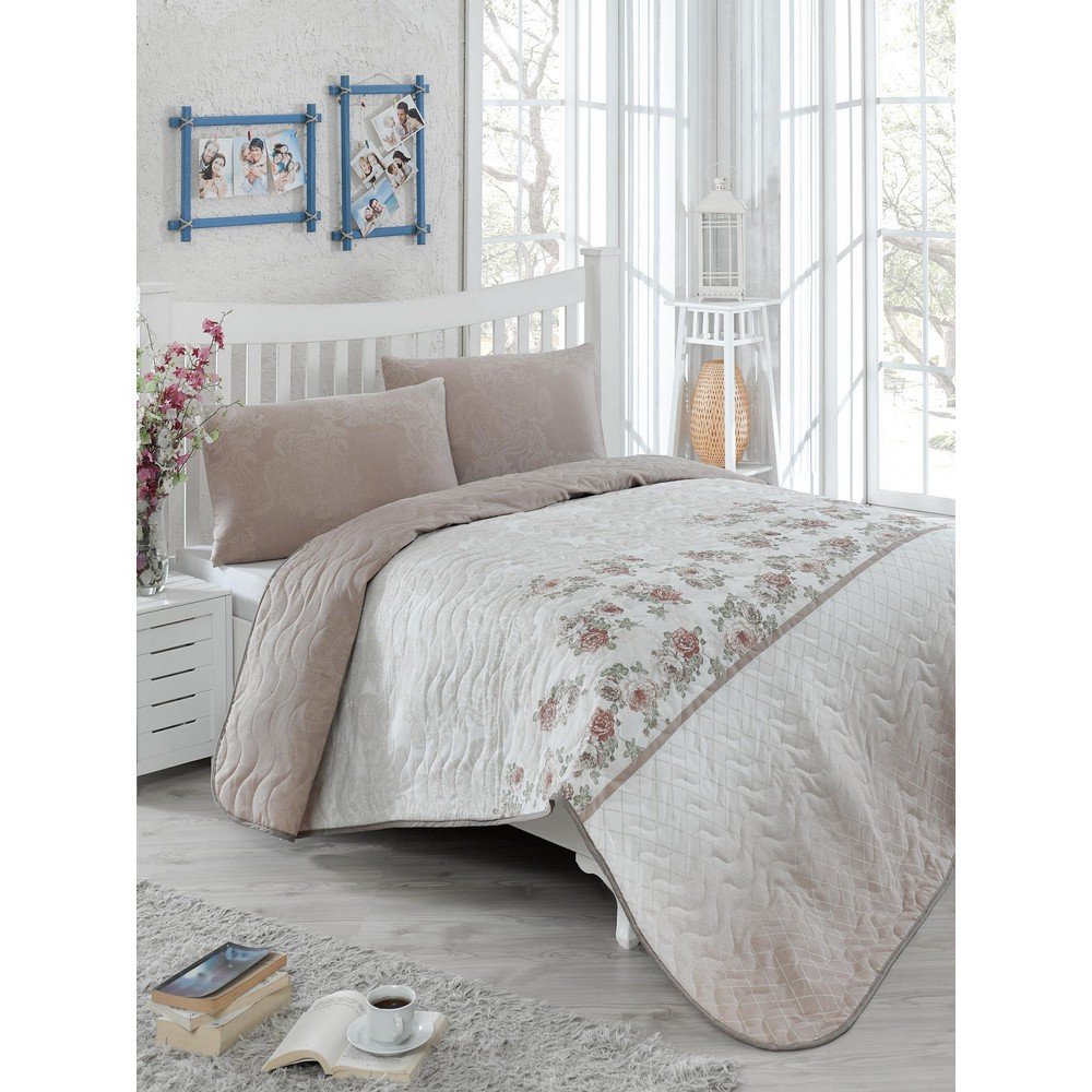 Set přehozu přes postel a povlaku na polštář s příměsí bavlny Eponj Home Lustro Brown, 160 x 220 cm v:1332486
