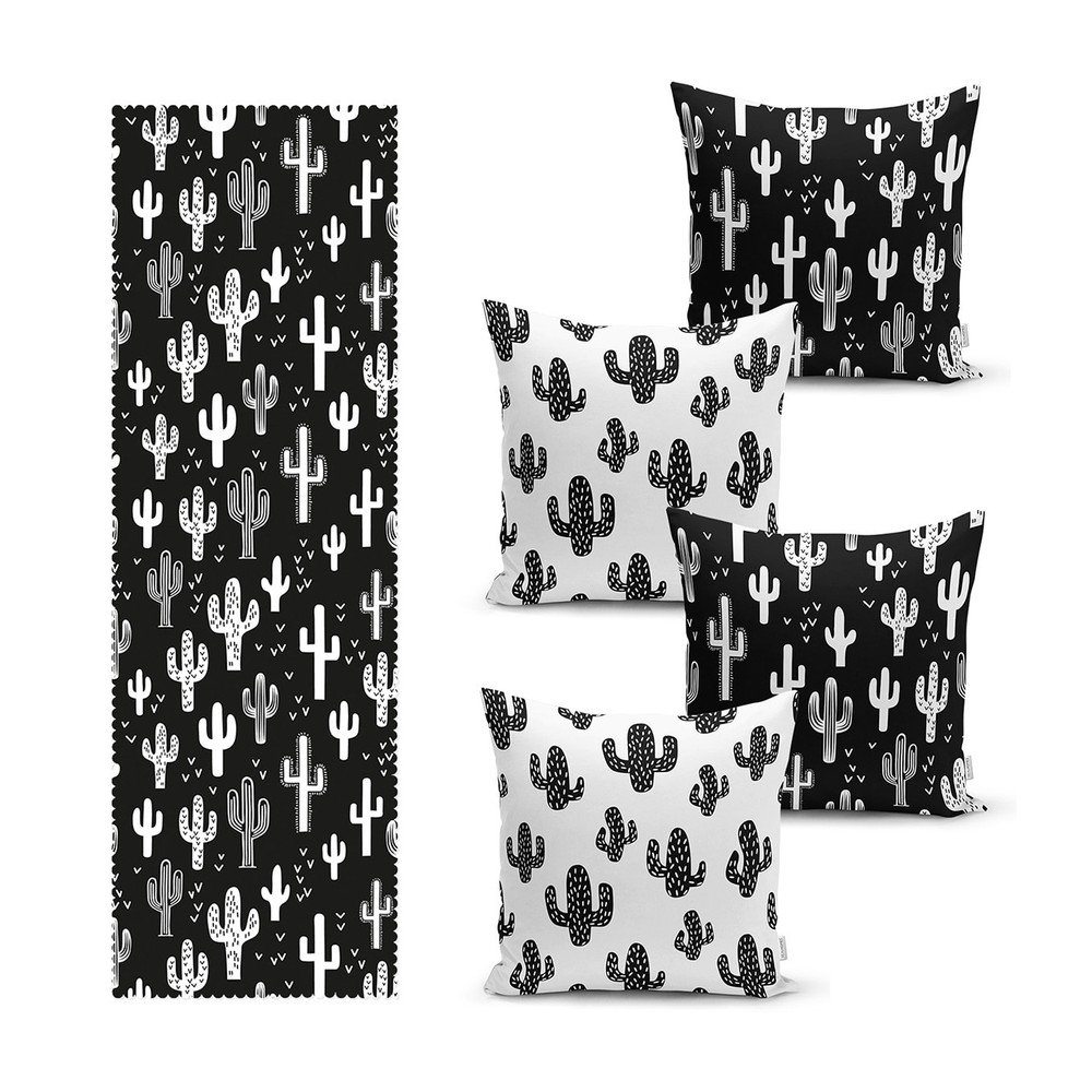 Set 4 povlaků na polštář a běhounu na stůl s příměsí bavlny Minimalist Home World v:1431923