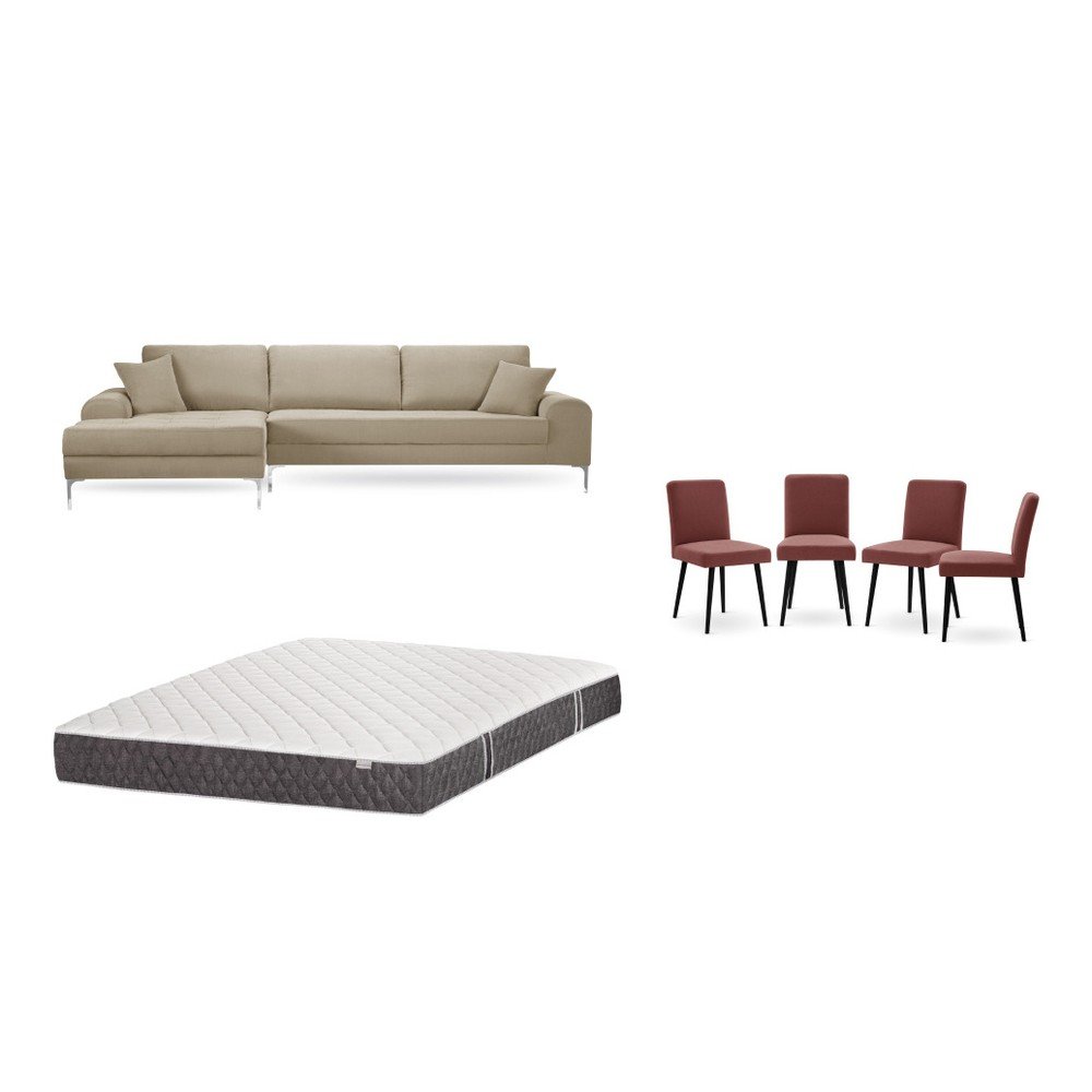 Set šedobéžové pohovky s lenoškou vlevo, 4 cihlově červených židlí a matrace 160 x 200 cm Home Essentials v:1129994