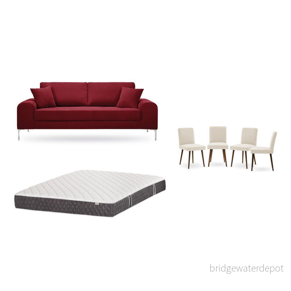 Set třímístné červené pohovky, 4 krémových židlí a matrace 160 x 200 cm Home Essentials v:1129968