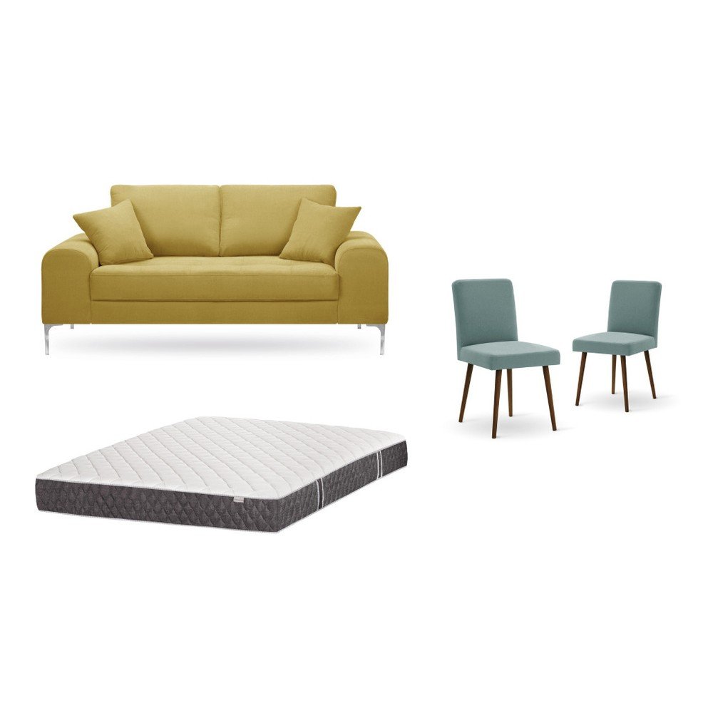 Set dvoumístné žluté pohovky, 2 šedozelených židlí a matrace 140 x 200 cm Home Essentials v:1129842