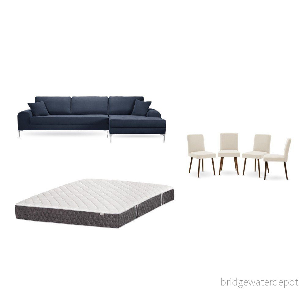 Set tmavě modré pohovky s lenoškou vpravo, 4 krémových židlí a matrace 160 x 200 cm Home Essentials v:1130084